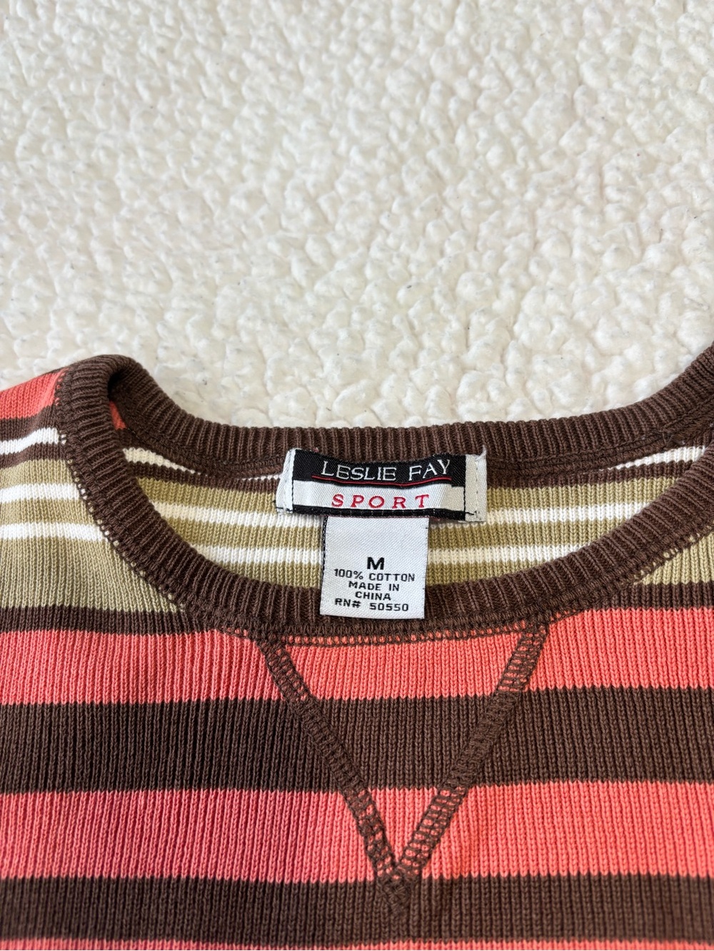 Vintage Lesley Fay Sport Horizontal Earthy Colors Striped Ribbed Knit Top Size M - Picture 5 of 8
